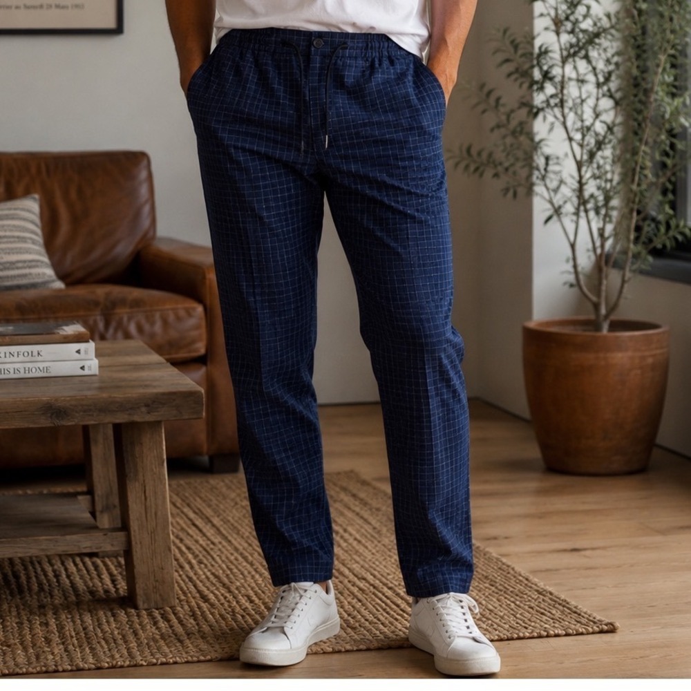 Zara Mens Comfort Fit Grid Check Trousers Navy Blue Black XL Elastic Waist